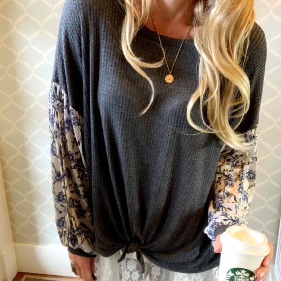 Shop Fig Tops - Waffle Weave Tie Front Print Chiffon Sleeve Top